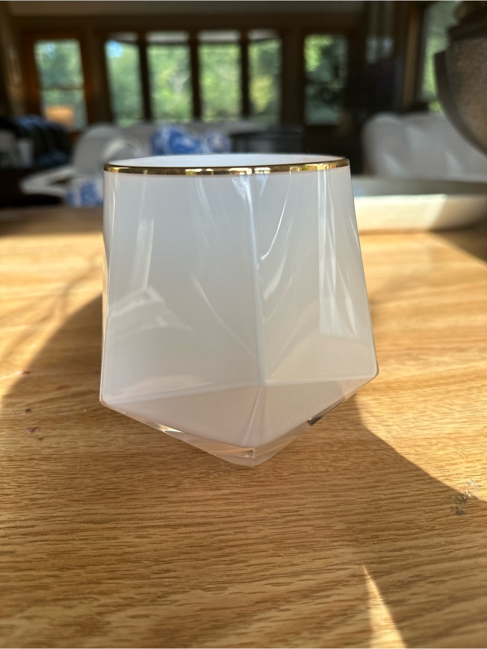 White Geometric Glass Votive with Gold Rim